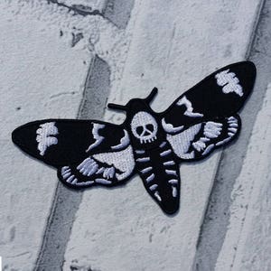 Deaths Head Moth Embroidered Patch Applique Gothic Emo Punk Black & White