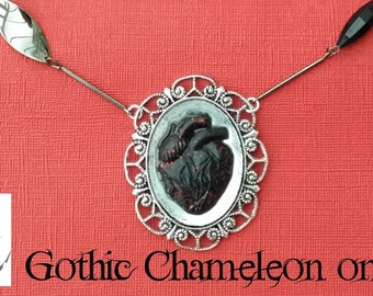 OOAK Black & Red Glitter Resin Anatomical Heart Pendant withGunmetal Tone Necklace Handmade Gothic Emo Steampunk