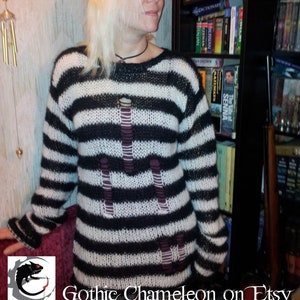 Hand Knitted Mohair Sweater Black & White Stripes Worn by Sheri Moon Zombie in Lords of Salem