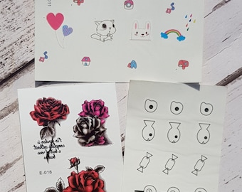 Temporary Tattoo Sheets Kawaii Food Animals Red Roses