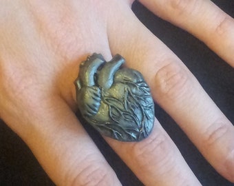 Handmade Anatomically Correct Silver Heart Ring Vintage Art Deco Style Very Gothic Steampunk