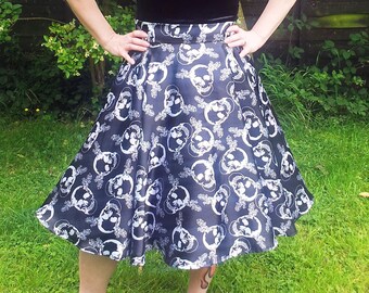 Hand Made Full Circle Poodle Skirt White Skulls on Black Gothic Rockabilly Psychobilly