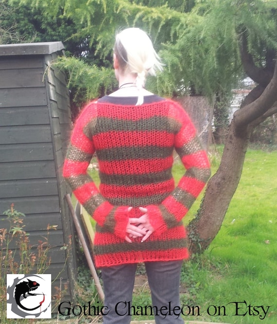 Freddy Krueger Red & Olive Green Stripes Lacy Openwork Mohair Sweater Dress Hand Knitted Made To Order Goth Visual Kei / Kera