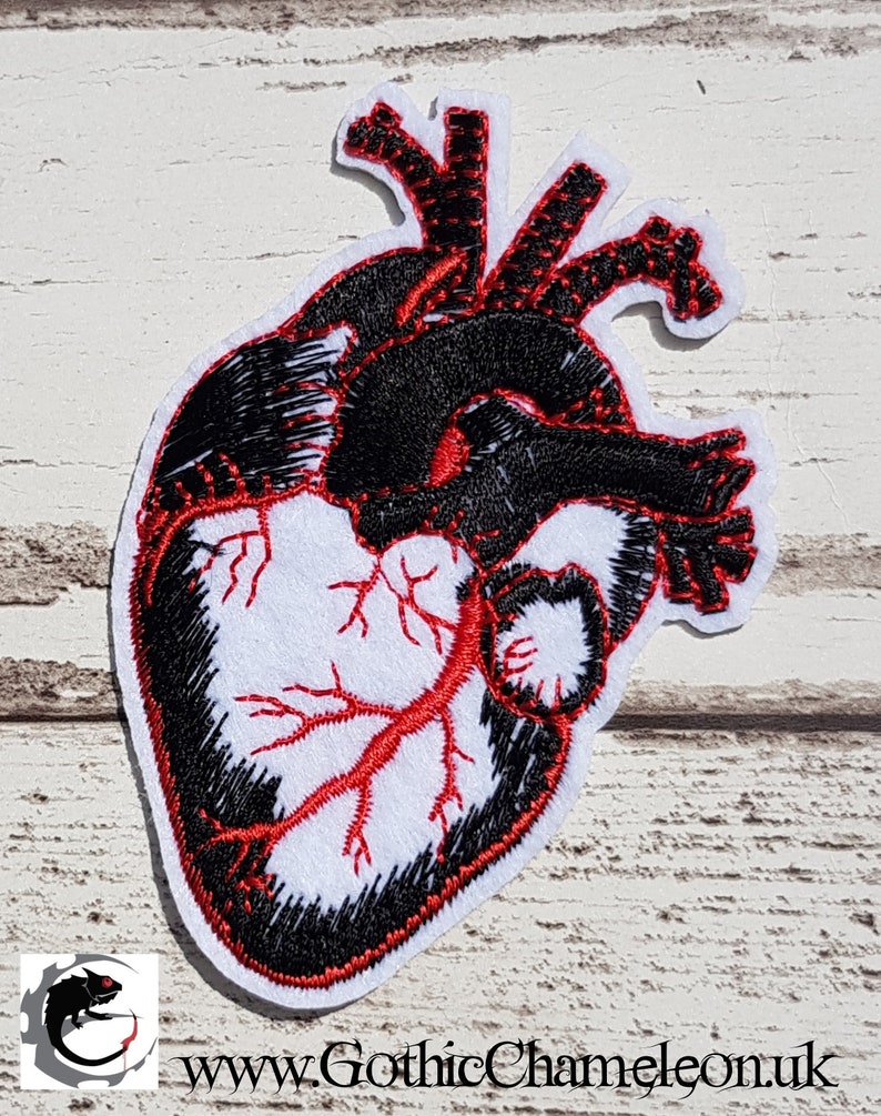 Small Black Anatomical Heart Embroidered Patch Applique Very Gothic Emo Punk image 1