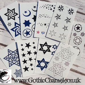 Temporary Tattoo Sheets Stars 5 an 6 Point Moon Crescent Diamond