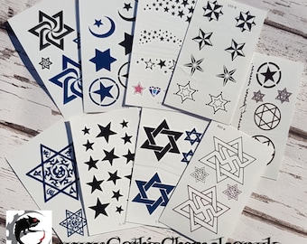 Temporary Tattoo Sheets Stars 5 an 6 Point Moon Crescent Diamond