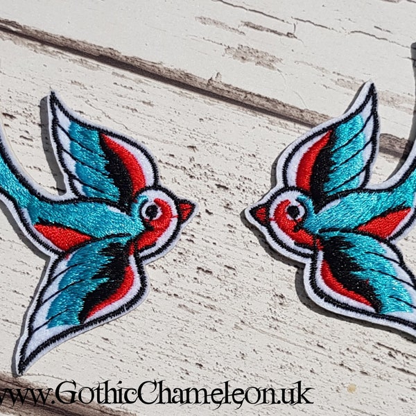 Blue & Red Swift Swallow Bird Embroidered Patch Applique Gothic Emo Punk