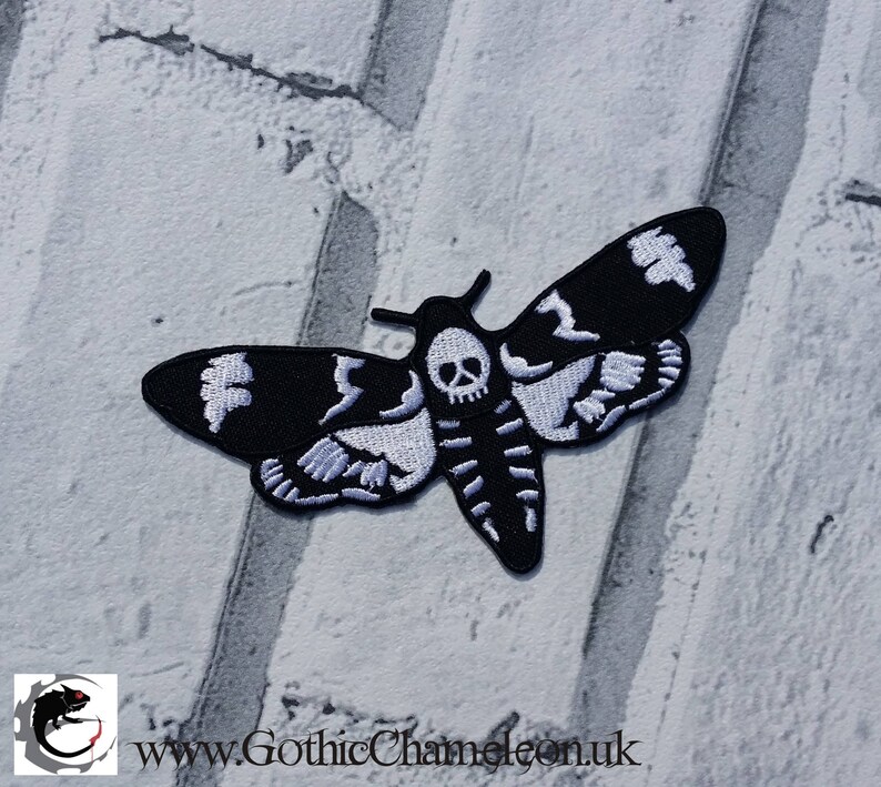 Deaths Head Moth Embroidered Patch Applique Gothic Emo Punk Black & White