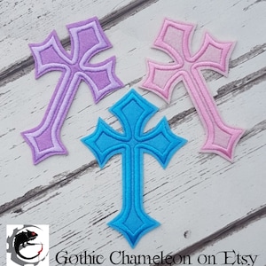 Pastels Mauve Blue Pink Crucifix Cross Embroidered Patch Applique Very Gothic Emo Punk
