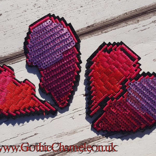 Red Pink Sequin Broken Heart Extra Life Embroidered Patch Applique Gothic Emo Punk