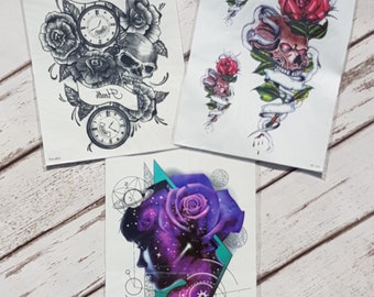 Large Temporary Tattoo Sheets Flowers Skulls 15 x 21 cm