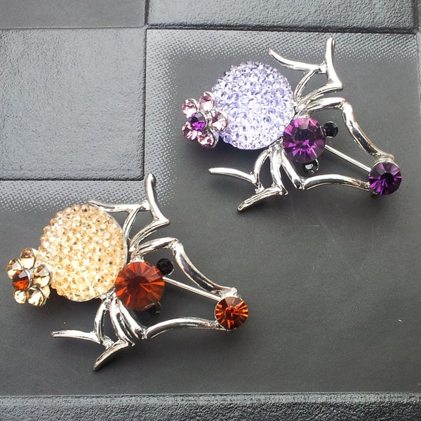 Sale Cute Silver & Purple or Amber Crystal Spider Brooch x1 Gothic Emo Punk Alternative