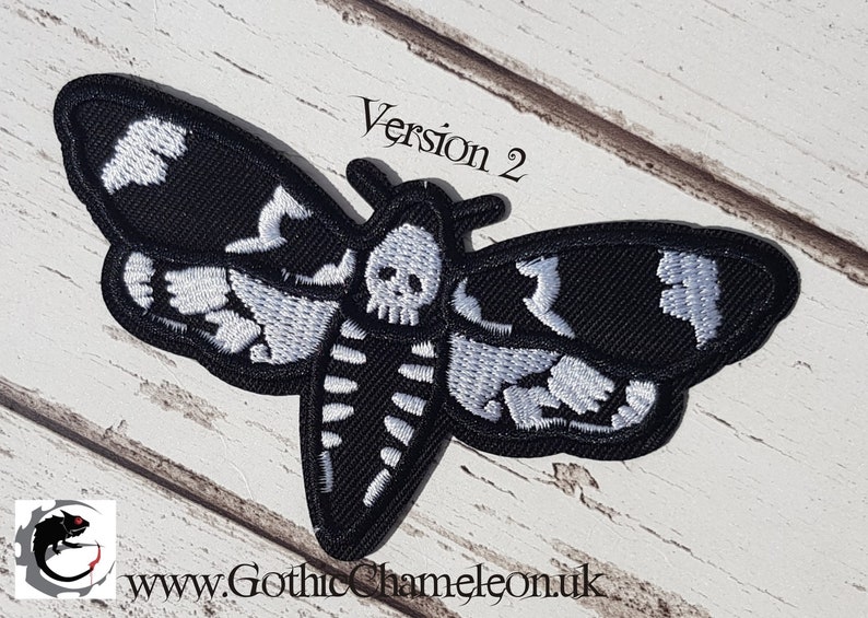 Deaths Head Moth Embroidered Patch Applique Gothic Emo Punk Version 2 Blk & Whit