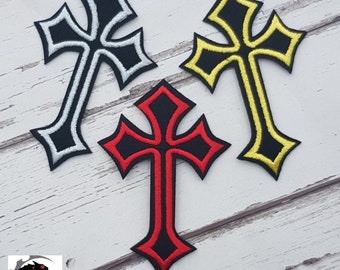 Argenté rouge ou or sur noir crucifix croix brodé patch applique très gothique emo punk