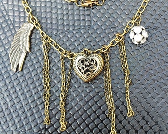 Heart & Angel Wing Rhinestone Crystal Antique Bronze Style Necklace Very Gothic Steam Punk