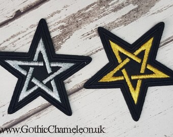 Gold & Silver on Black Pentagram Embroidered Patch Applique Very Gothic Emo Punk