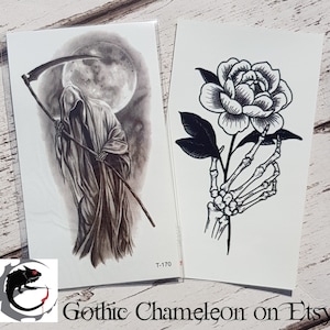 Temporary Tattoo Sheets Grim Reaper Rose Skeleton Hand