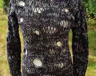 Hand Knitted Deconstructed Jumper With Holes & Loose Stitches Angora Wool Blend Size UK 10/12 Goth Punk Visual Kei / Kera