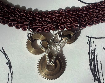 OOAK Vintage Up Cycled Gothic Style Choker with Steam Punk Brass Cogs and Chains Added