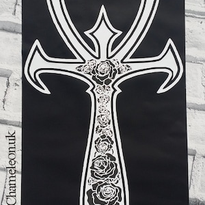Very Large Black & White Ankh Transfer Patch with Rose Pattern