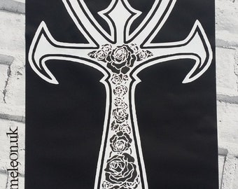 Very Large Black & White Ankh Transfer Patch with Rose Pattern