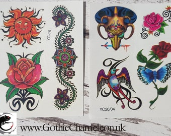 Temporary Tattoo Sheets with a Hint of Glitter Mask Bird Flowers & Sun