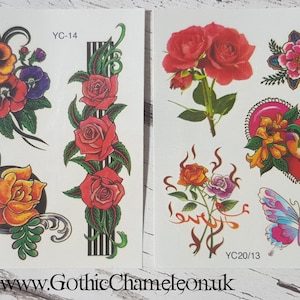 Temporary Tattoo Sheets with a Hint of Glitter Roses Flowers Butterfly Bird Heart