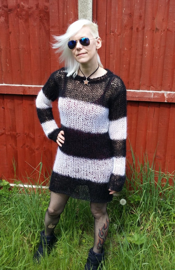 Nancy Spungen Lacy Openwork Mohair Sweater Dress Black & White