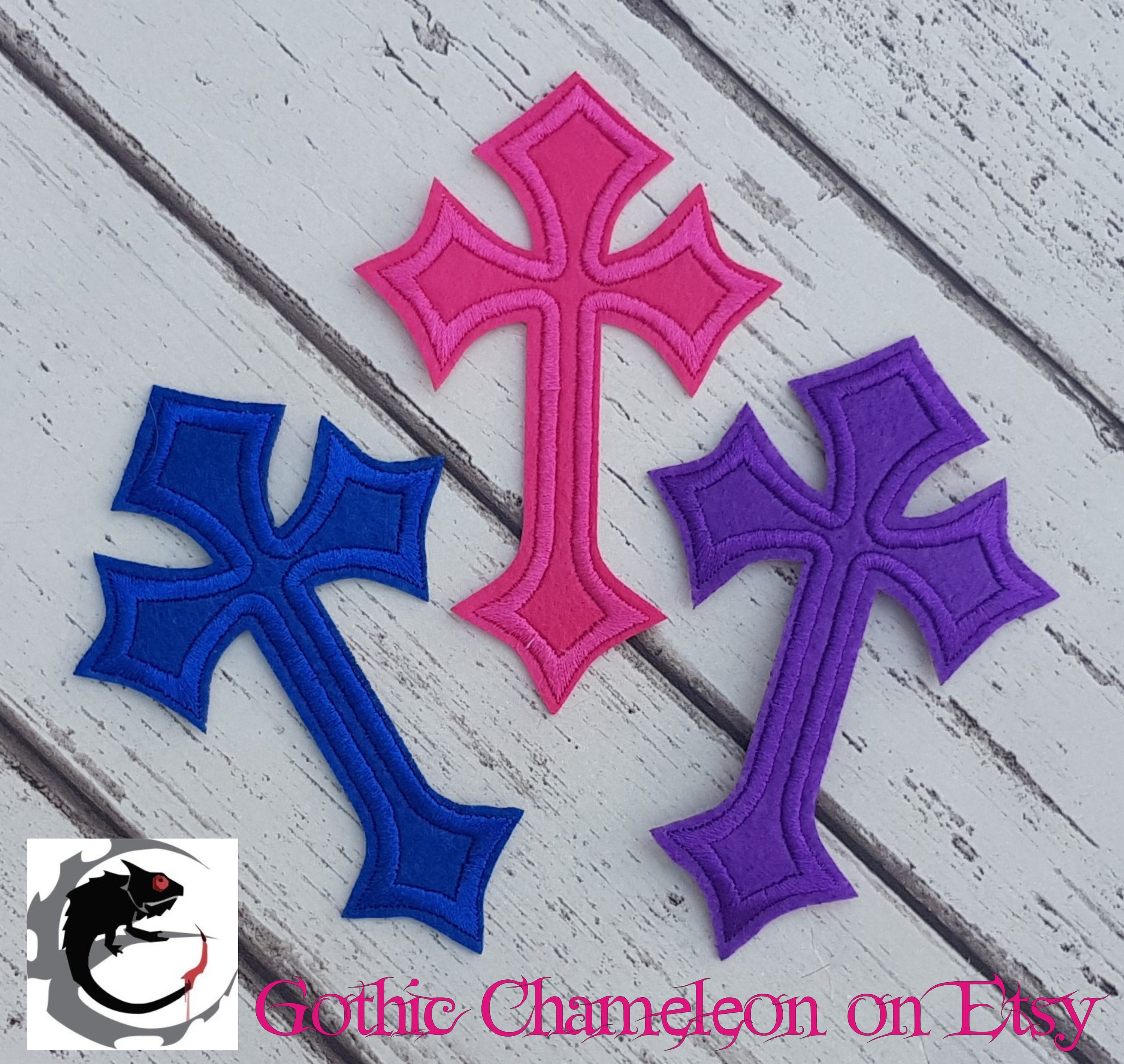 4 Metallic Silver Black Gothic Crucifix Cross Iron on Patch 