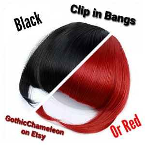 May include: A two-tone clip-in fringe, with black hair on one side and red on the other. The image includes the words "Black" and "Or Red". The text "Clip in Bangs" is also on the image. The Etsy shop name "GothicChameleon" is also on the image.