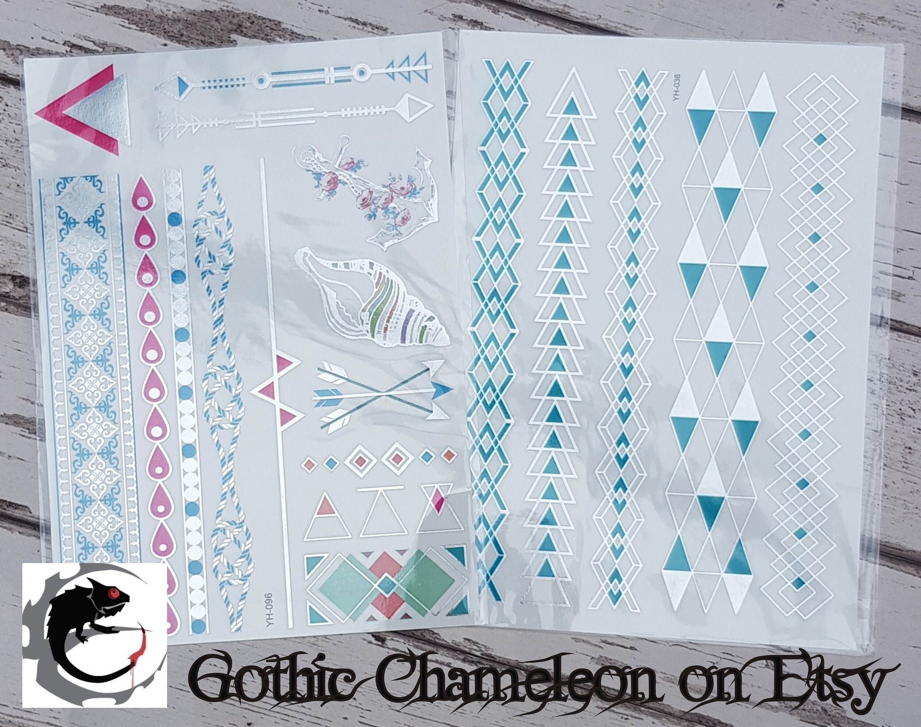 Large Temporary Tattoo Sheets Geometric Shapes Shell Anchor Silver Blue Pink 15 x 21 cm