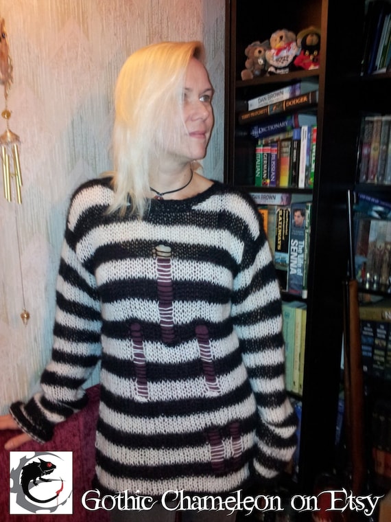 Hand Knitted Mohair Sweater Black & White Stripes Worn by Sheri