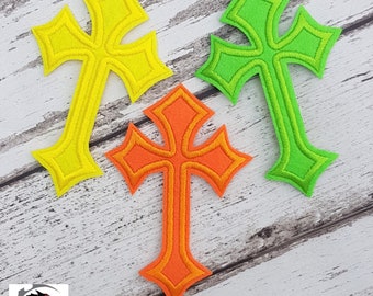 Bright Yellow Orange or Green Crucifix Cross Embroidered Patch Applique Very Gothic Emo Punk