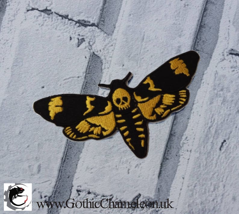 Deaths Head Moth Embroidered Patch Applique Gothic Emo Punk Black & Yellow