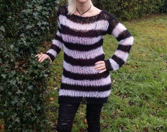 Lacy Openwork Mohair Sweater Dress Black & White Tim Burton Stripes Hand Knitted Made To Order Goth Visual Kei / Kera