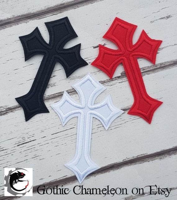 Black White or Red Crucifix Cross Embroidered Patch Applique Very