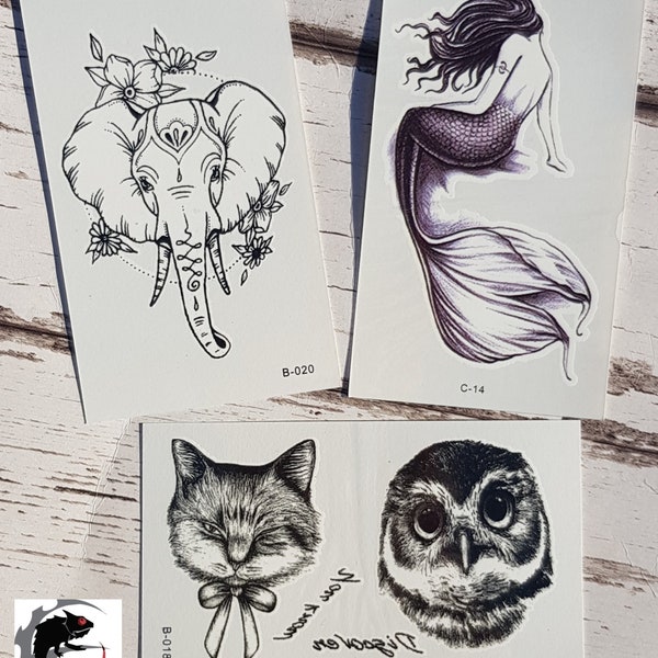 Temporary Tattoo Sheets Indian Elephant Mermaid Owl & Pussy Cat