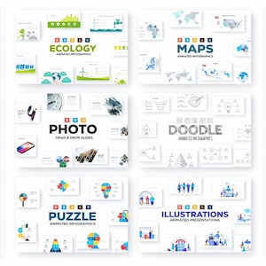 May include: A collection of animated infographic templates with titles including "Ecology," "Maps," "Photo," "Doodle," "Puzzle," and "Illustrations." Each template features a variety of icons and graphics, with a clean, modern design.