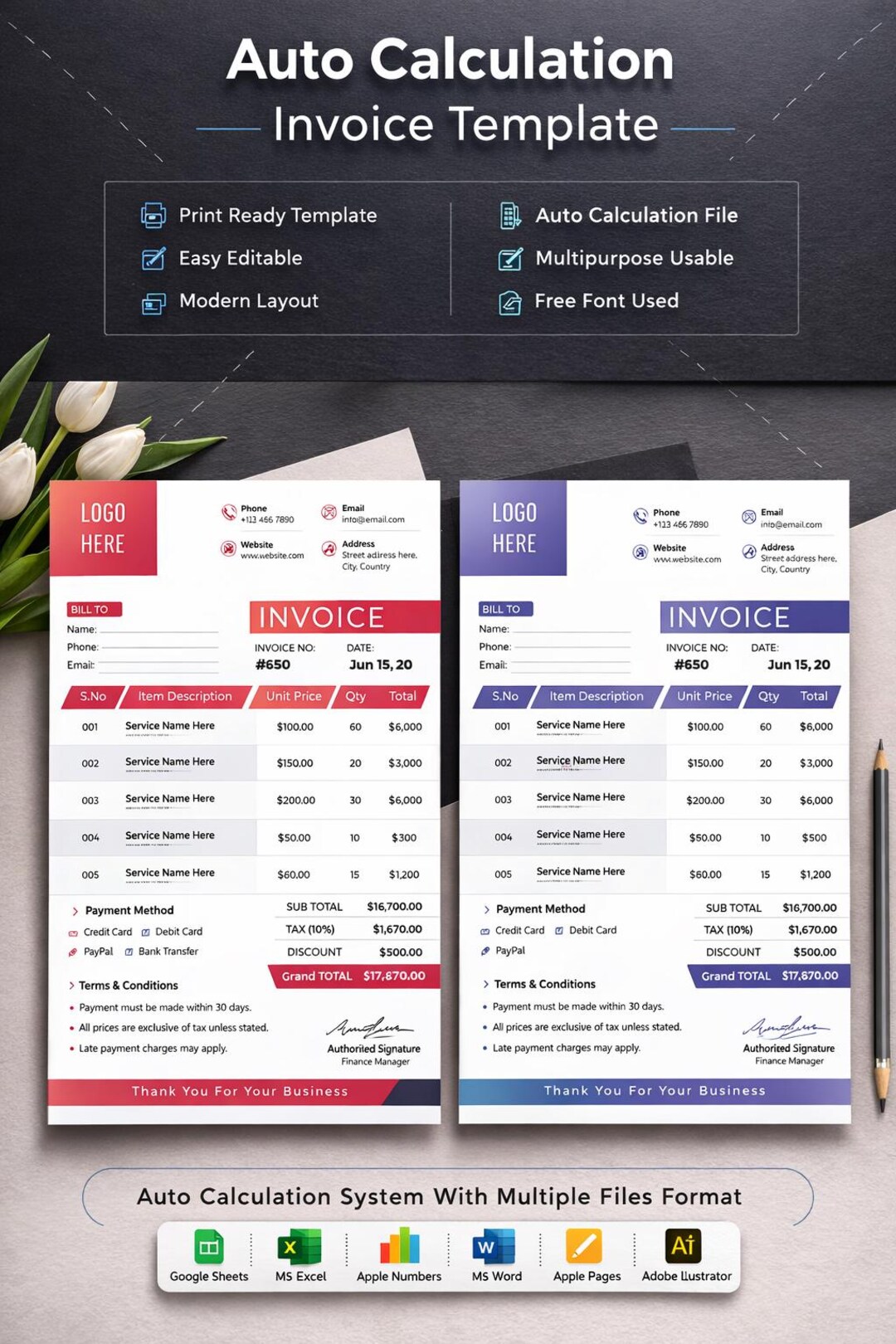 Editable Auto Calculation Invoice Template (excel, Google Sheets) - Etsy