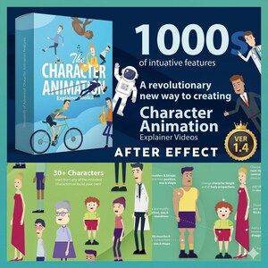 May include: A digital product box titled "The Character Animation Explainer Toolkit" with a blue and white design. The image also includes the text "1000s of intuitive features" and "Character Animation Explainer Videos After Effect". There are also character illustrations.