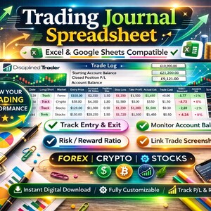 以下が含まれることがあります： 「Trading Journal Spreadsheet」と「Excel & Google Sheets Compatible」のテキストが入ったデジタル取引ジャーナルスプレッドシート。画像には、Forex、Crypto、Stocksのオプションを含むグラフと財務データが表示されています。