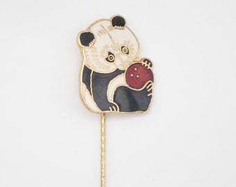 Vintage Panda Stick Pin Bowling Ball Gold Tone Enamel Animal Brooch Tie Tack Lapel Pin Retro Jewelry