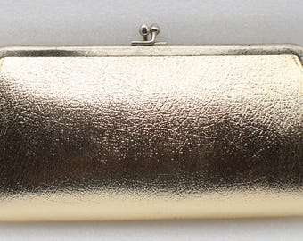 Vintage Tiger Gold Tone Clutch Purse Metallic Evening Bag Kiss Lock Formal Handbag