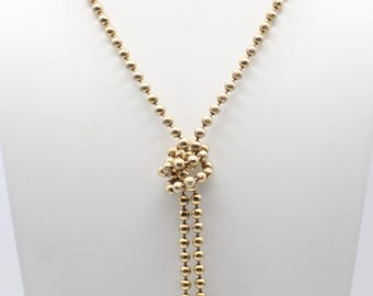 Vintage Gold Tone Beaded Lariat Necklace Tassel Drop Knot Necklace 1970s