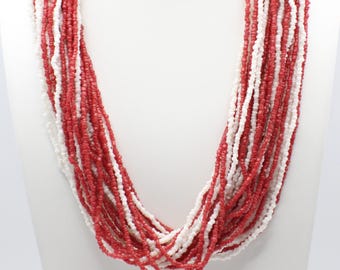 Vintage Red White Beaded Torsade Necklace Multi Strand Necklace Layered Beaded Necklace 1960s 1970s Statement Jewelry