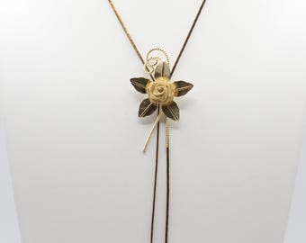 Vintage Gold Tone Rose Bolo Necklace Adjustable Slide Lariat Floral Statement Necklace