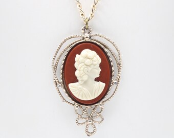 Vintage Cameo Pendant Necklace Brown White Lady Portrait Silver Tone Filigree Oval