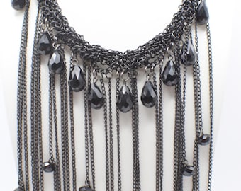 Vintage Black Fringe Statement Necklace Gothic Waterfall Chain Necklace Gunmetal Beaded Bib Necklace