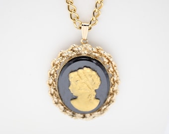Vintage Black Cameo Necklace Gold Tone Roman Lady Pendant Ornate Frame