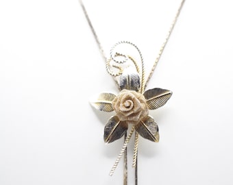 Vintage Gold Tone Rose Bolo Necklace Adjustable Slide Lariat Floral Statement Necklace